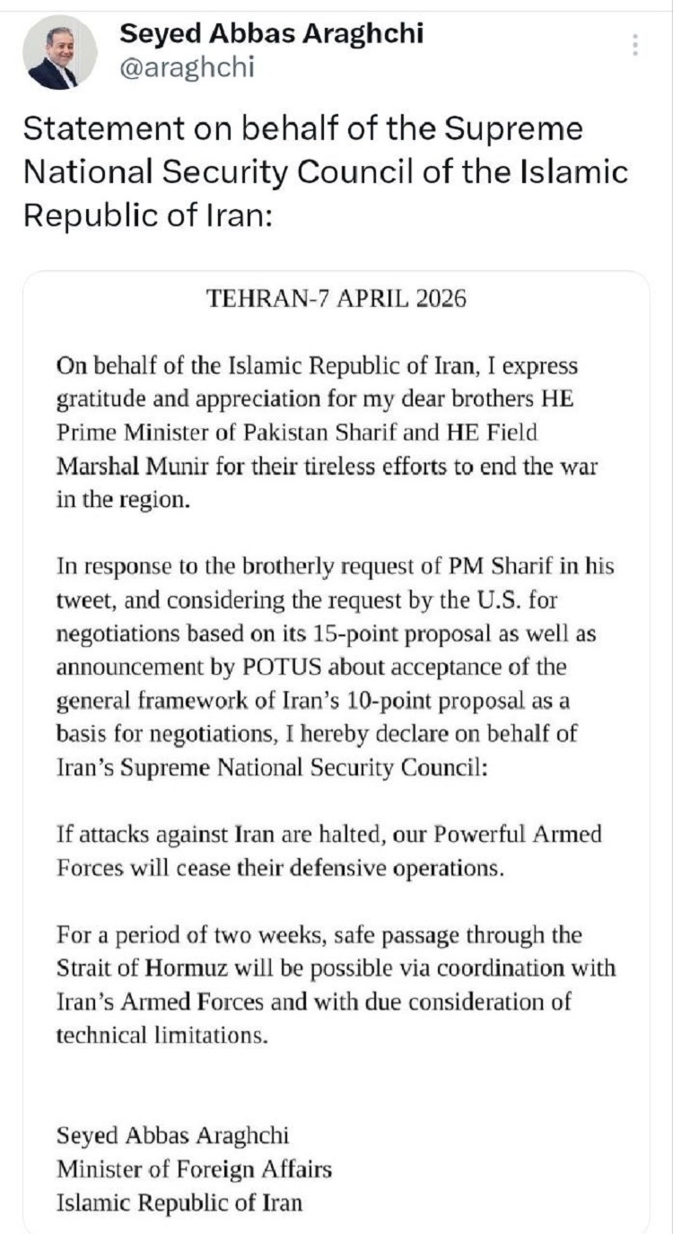 Iran Declares Conditional Two-Week Ceasefire and Opens Strait of Hormuz for Safe Passage